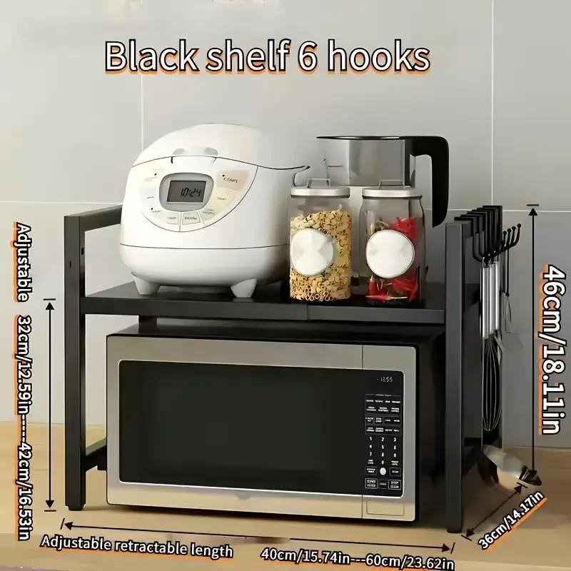 1pc Microwave Oven Rack, Expandable Microwave Stand, Countertop Kitchen Utensils Tableware Storage Rack, Carbon Steel Over Microwave Shelf With 6 Hook