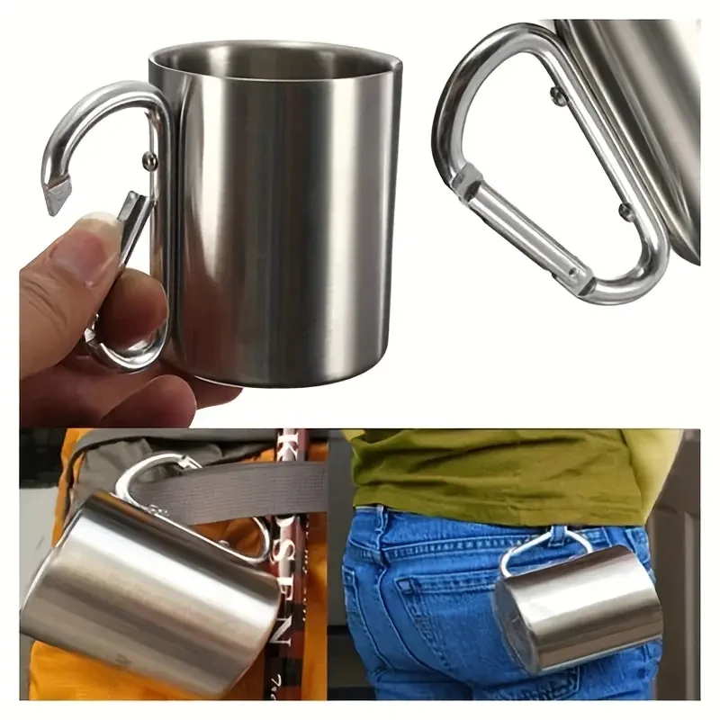 1pc 200ml Water Bottle With Buckle, Portable Stainless Steel Water Cup For Outdoor Camping Travel