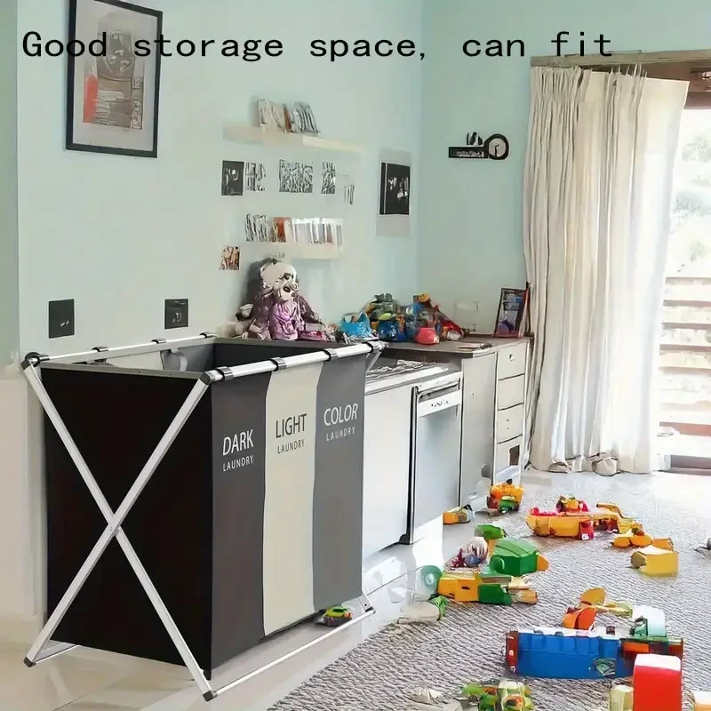 Foldable Triple-Grid Laundry Basket in Grey - Durable Canvas with Dark