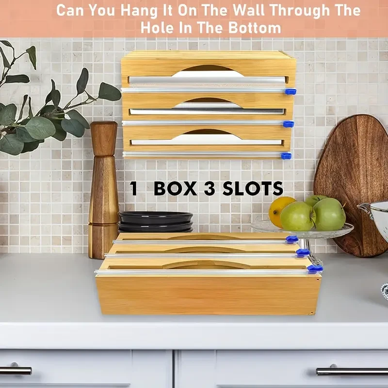 Streamlined Storage, Bamboo 3-in-1 Wrap Organizer with Cutter - Durable Kitchen Storage for Foil, Plastic Wrap & Wax Paper