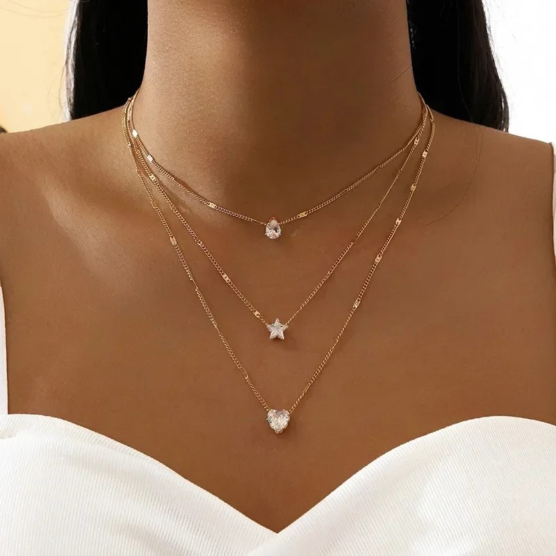 Multilayer Pendant Necklace with Crystal Zircon Heart and Star Charms