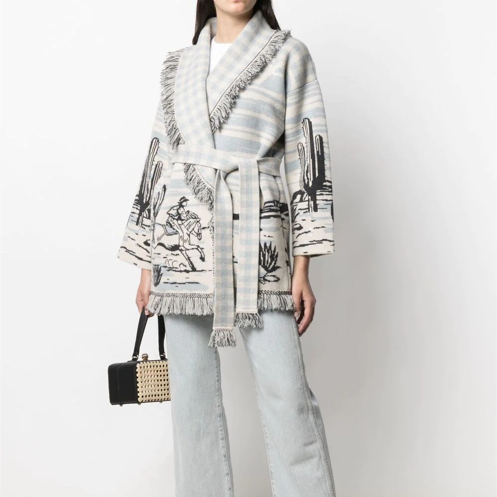 WQJGR Cardigan Sweater Women  Wool Knitted Tassel Doodle Jacquard Loose Full Sleeve High-Quality Cashmere Winter Jacket