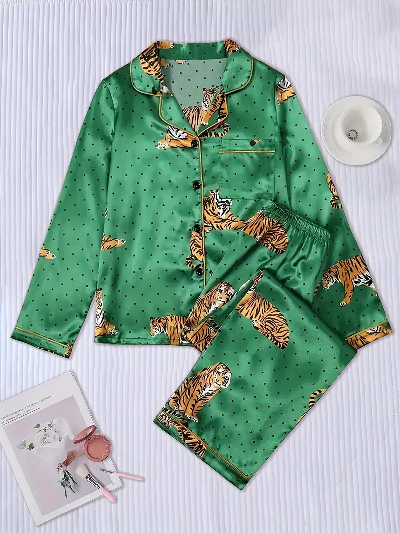 Cardigan with Tiger Print and Turnover Collar, Satin Long Sleeve and Long Pants Pajama Set