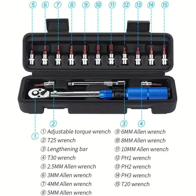 15-Piece Adjustable Torque Wrench Set, 2-24Nm