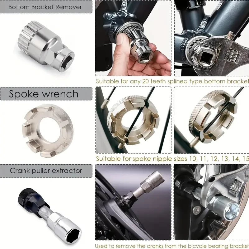 9pcs Professional Bicycle Repair Tool Kit with Stainless Steel Chain Whip