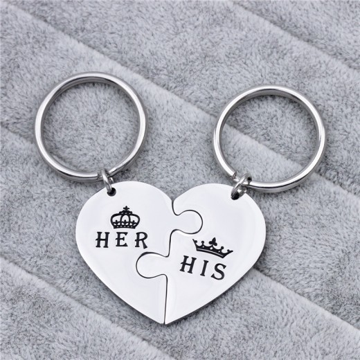 Couple Peach Heart Puzzle HIS HER Titanium Steel Keychain