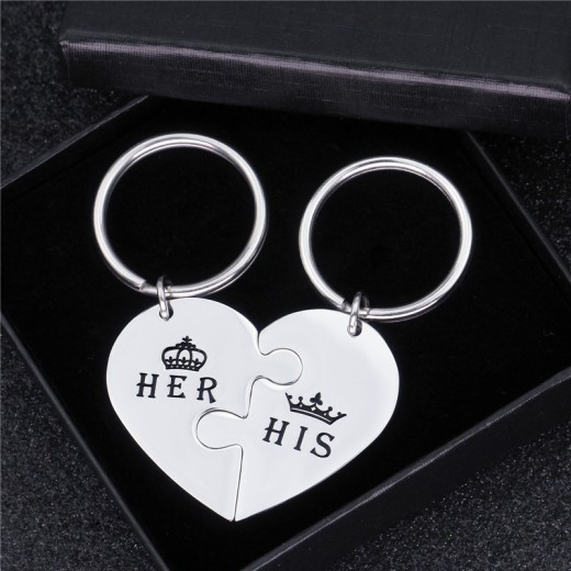 Couple Peach Heart Puzzle HIS HER Titanium Steel Keychain