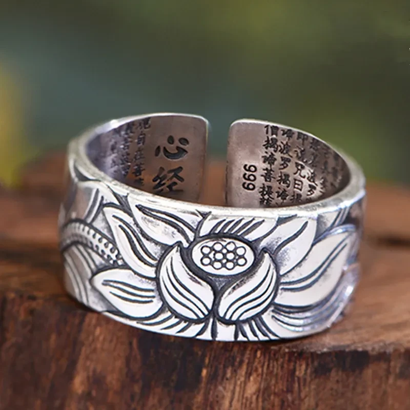 Thai Silver Black Men'S And Women'S Lotus Heart Sutra Ring
