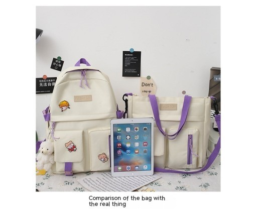 College Students' Backpack Five-piece Contrast Color Canvas School Bag