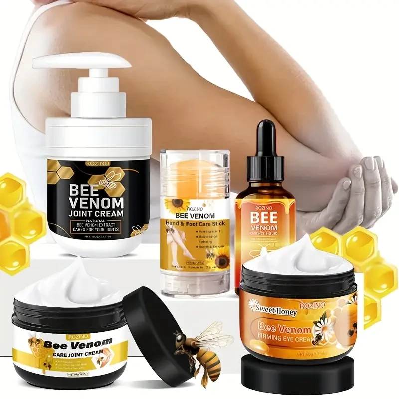 5pcs Bee Venom Skincare & Hair Care Set by ROZINO - Moisturizing and Nourishing, Includes Honeycomb Eye Cream, Joint & Foot Creams, Shampoo & Conditioner with Jojoba Oil, Plant Squalane - for Smooth, Hydrated Skin & Lustrous Hair