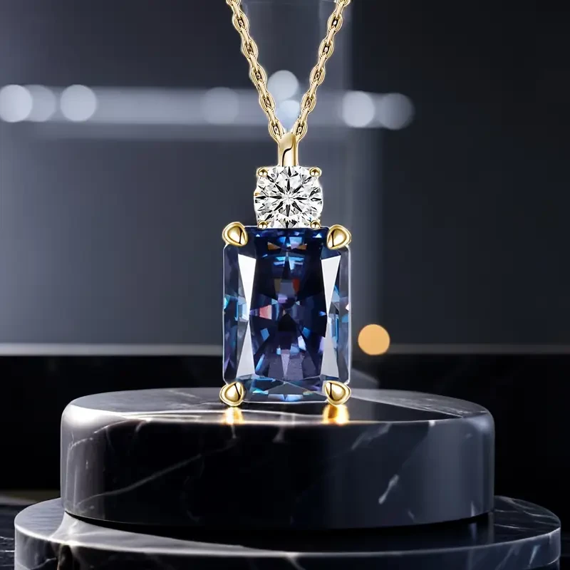 925 Sterling Silvery Perfume Pendant Necklace, with Blue Moissanite and Diamond Accents, 18K Gold Plated - Ideal Gift for Women, Men, Couples -, Made in Italy, Moissanite Necklace, Holiday Wear