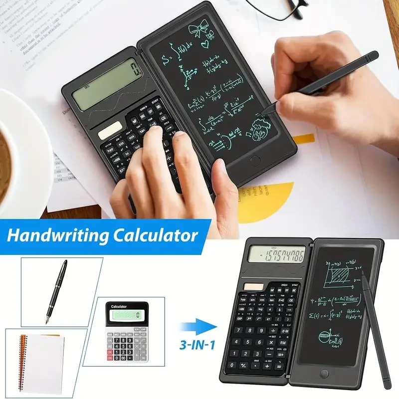 Calculators, Ultra-thin Scientific Calculator With 6 Inch Erasable LCD Writing Tablet, 10-Digit Foldable Calculator, Solar Battery Dual Powered Mathematical Physics Geometry Scientific Calculator