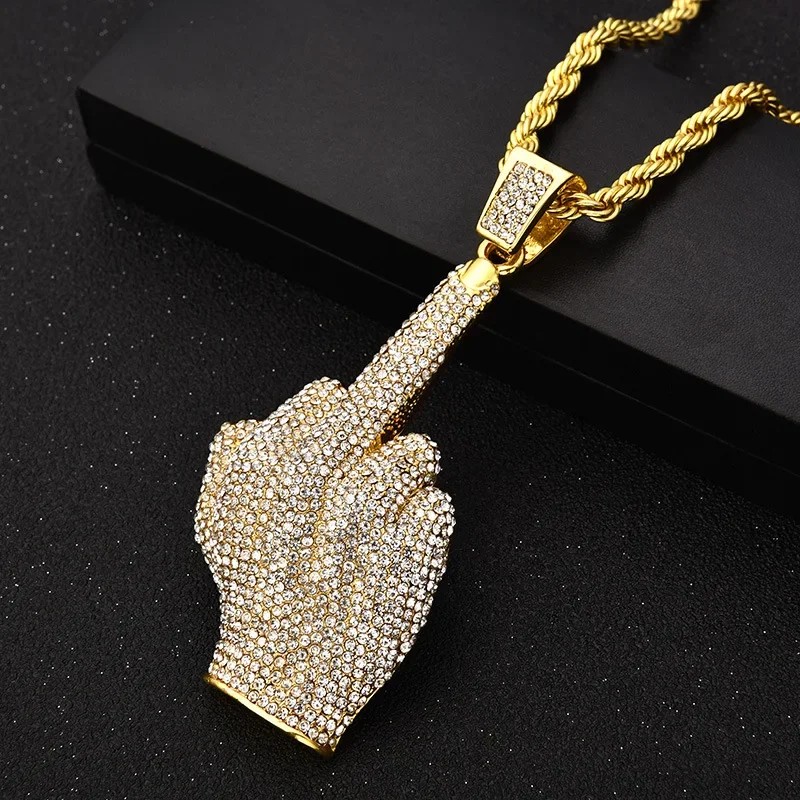 Ice Out Zircon Polite Gesture Middle Finger Necklace Men Women