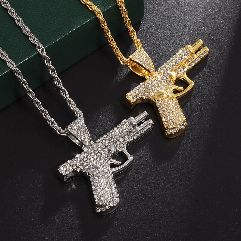 Bling Iced Out Pistol Pendant Submachine Gun Necklace Men