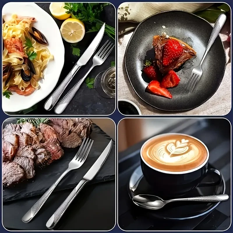 20/40pcs Silverware Set, Hammer Texture Handle, Durable Tableware Including Spoon, Fork, Knife, Mirror Polished High Quality Stainless Steel, Dishwasher Safe, Suitable for Home Kitchen, Restaurant, Hotel, Party, Wedding