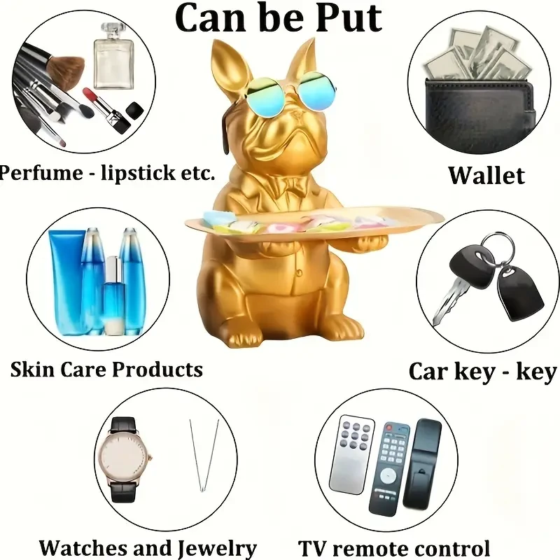 1pc, Decorative Resin Bulldog Sculpture With Tray, Multifunctional Black Bulldog Statue For Storage & Display, Home & Office Desk Decor, Eye-catching Resin Bulldog With Sunglasses Design, Practical And Stylish Organizer