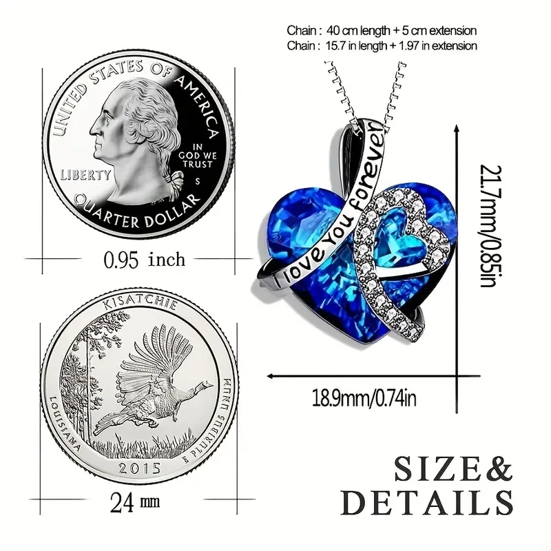 925 Sterling Silver "I Love You Forever" Heart-shaped Pendant Necklace With Blue Artificial Crystal