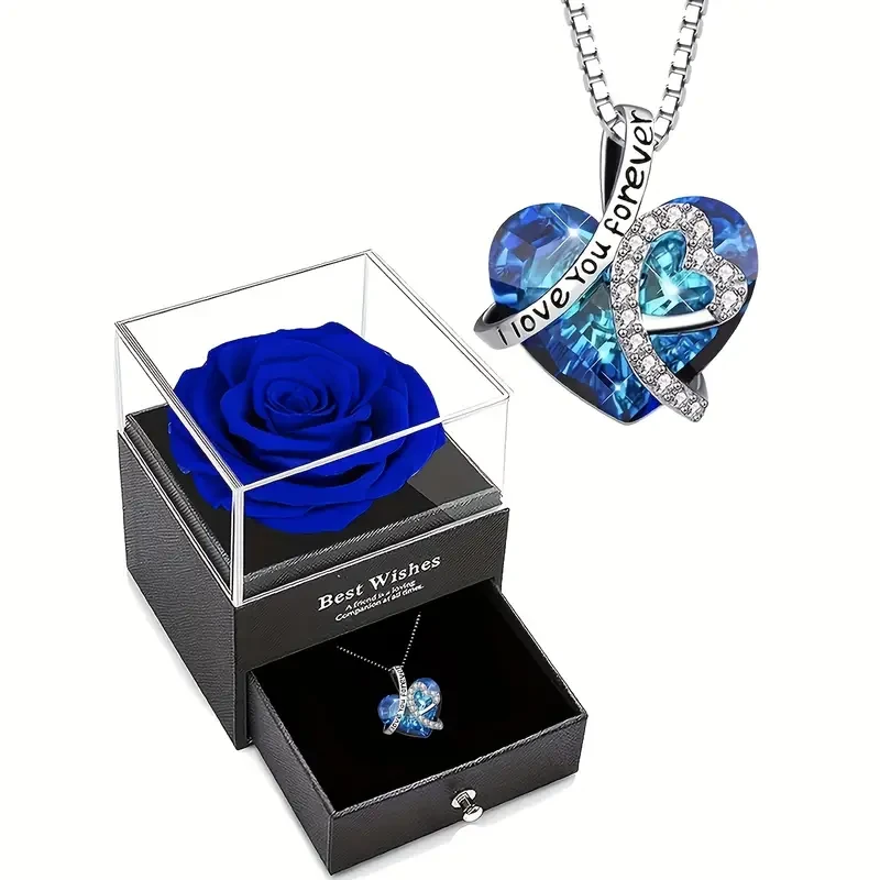 925 Sterling Silver "I Love You Forever" Heart-shaped Pendant Necklace With Blue Artificial Crystal