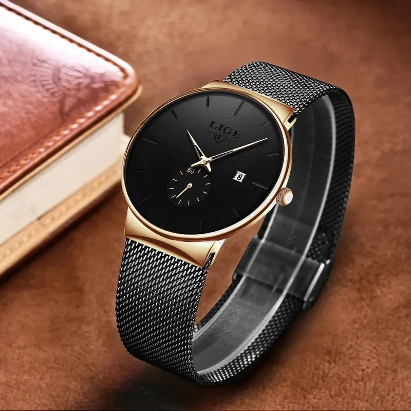 LIGE Men's Minimalist Black Quartz Watch with Rose Golden Accents