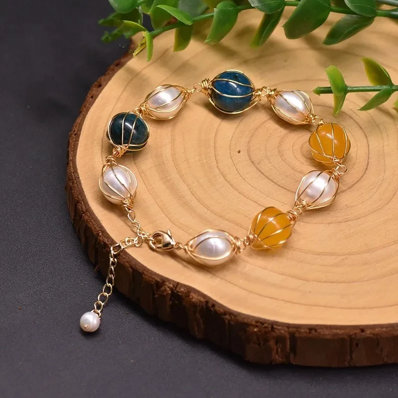 Natural Freshwater Pearl Blue Crystal Stone Yellow Jade Bracelet