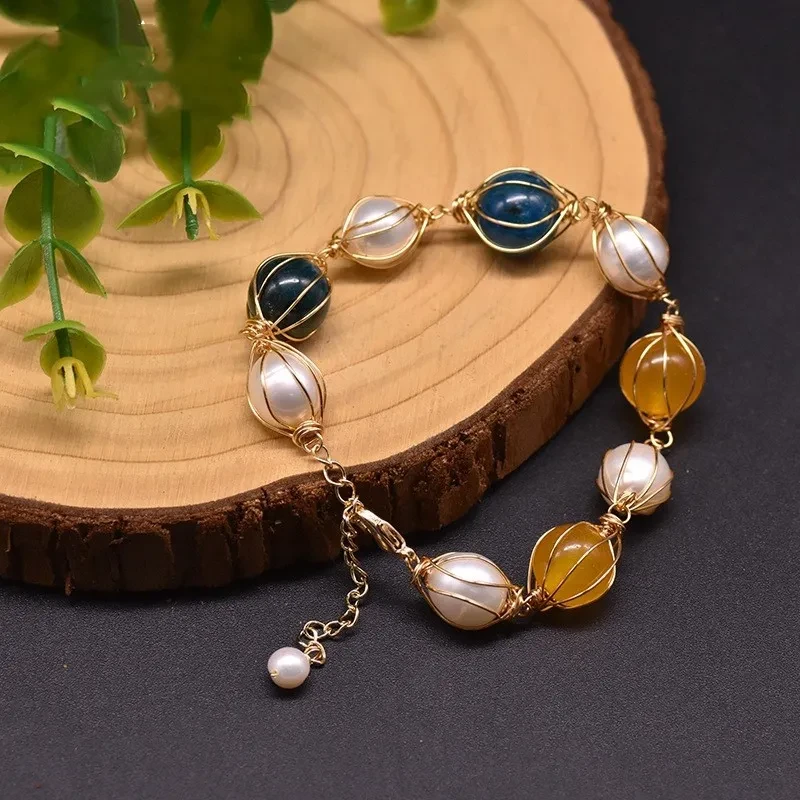 Natural Freshwater Pearl Blue Crystal Stone Yellow Jade Bracelet