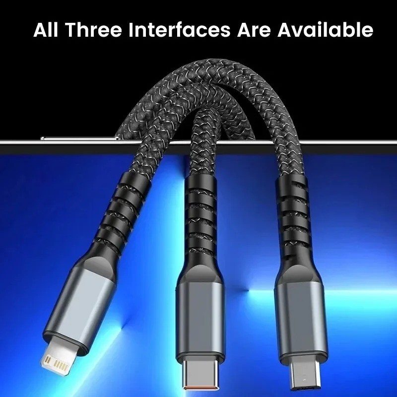 3-in-1 100W Transparent Fast Charging Cable - Type-C, USB, Micro USB