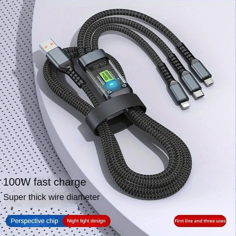 3-in-1 100W Transparent Fast Charging Cable - Type-C, USB, Micro USB