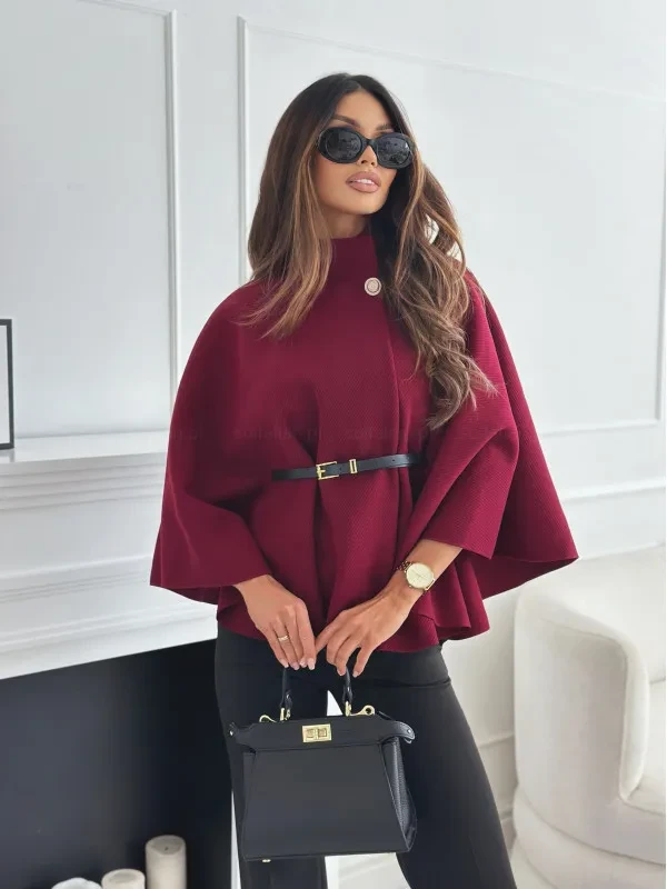 New Stand Collar Batwing Sleeves Cloak Top With Belt Ins Fashion Temperament Jacket Woolen Sweater Outwear For Women Clothing