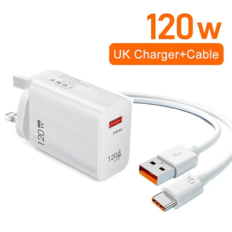 Original 120W Ultra Fast Charger with 6A Type-C USB Turbo Charging Cable