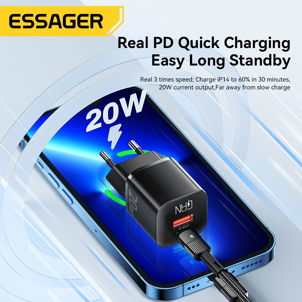 Essager 20W GaN USB Type-C Charger - PD Fast Charge QC 3.0