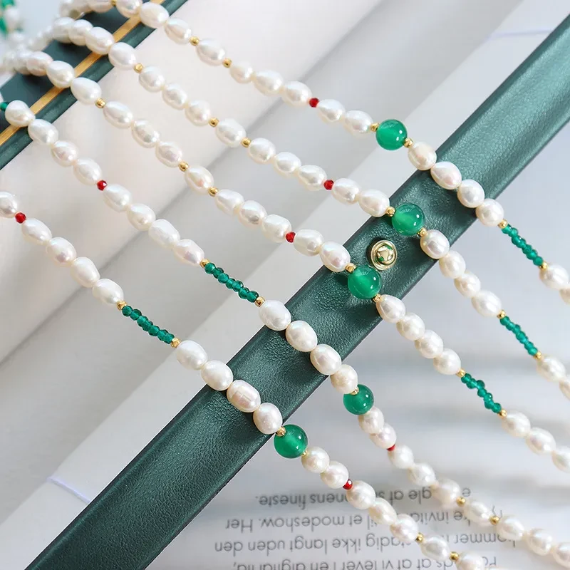 Natural Agate Glass Stone Freshwater Stringed Pearls Necklace