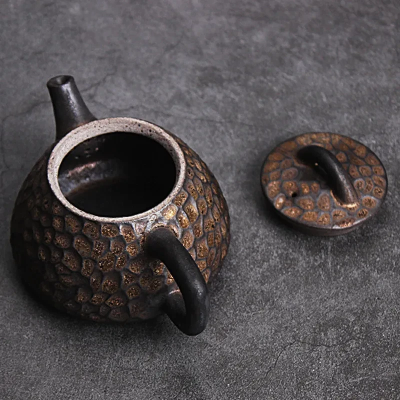 Japanese Style Black Gold Hammer Stone Ceramic Teapot