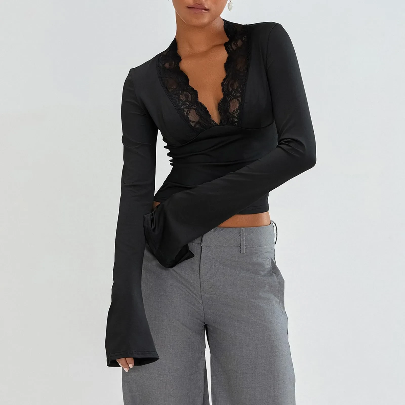 Slim V-neck Lace T-Shirt Ins Fashion Trumpet Sleeve Long-sleeved Top Women Clothing