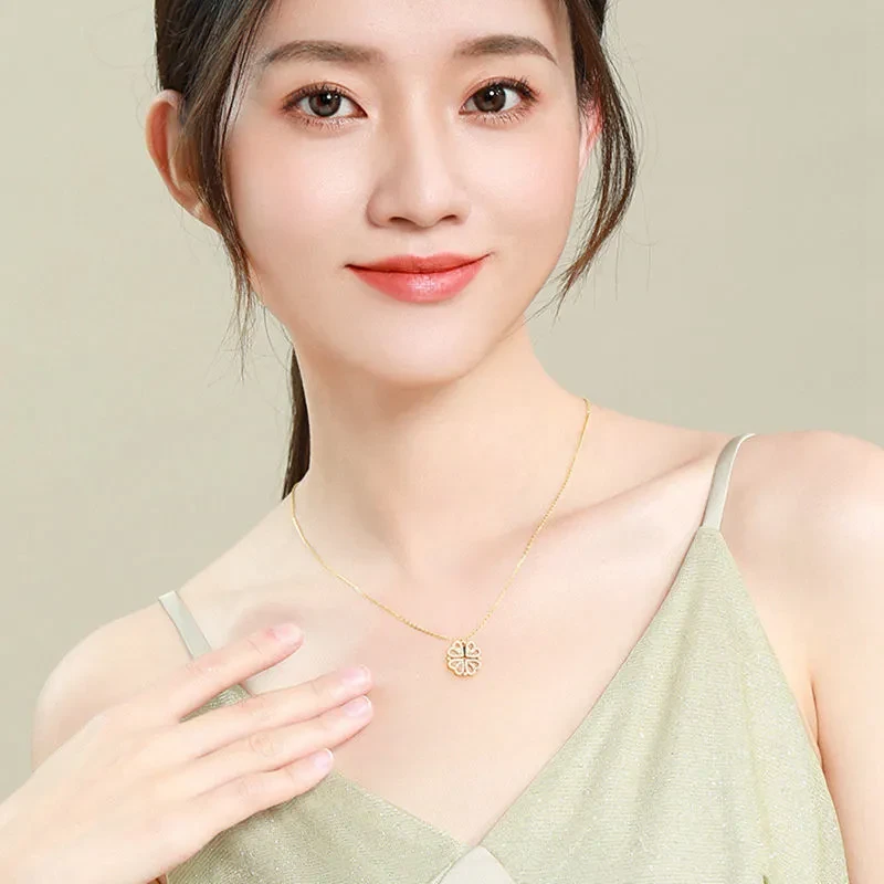 Retro Magnetic Folding Heart Shaped Four Leaf Clover Pendant Necklace Women Love Clavicle Chain Gifts Openable Choker Jewelry