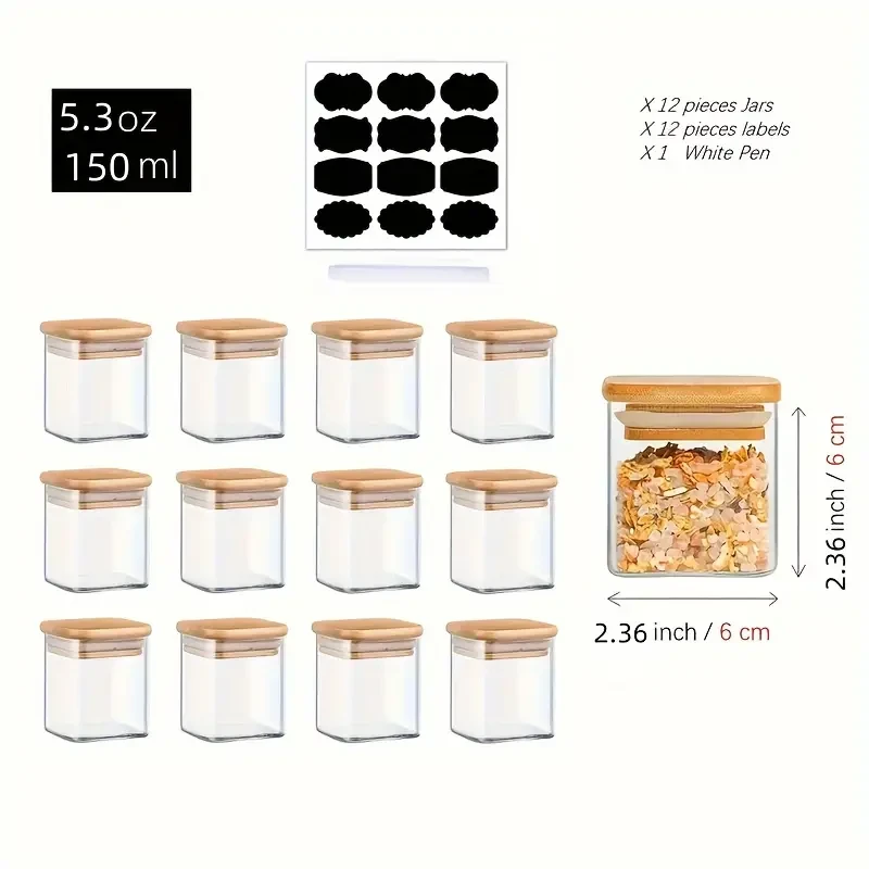 Set of 12 Glass Storage Jars with Bamboo Lids, 5.3 oz