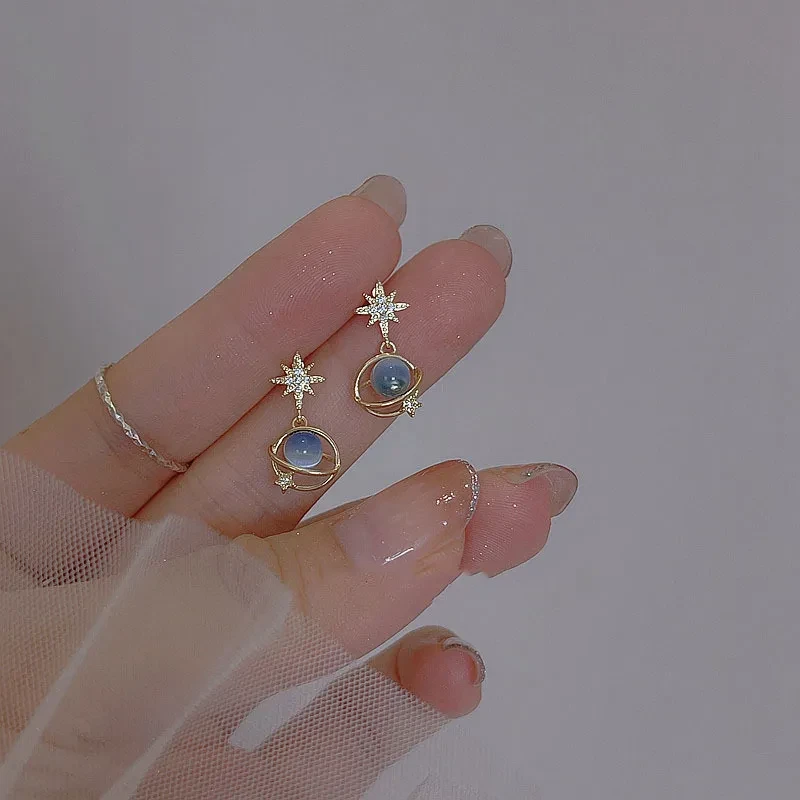 Star Universe Zircon S925 Silver Blue Opal Stone Ear Studs