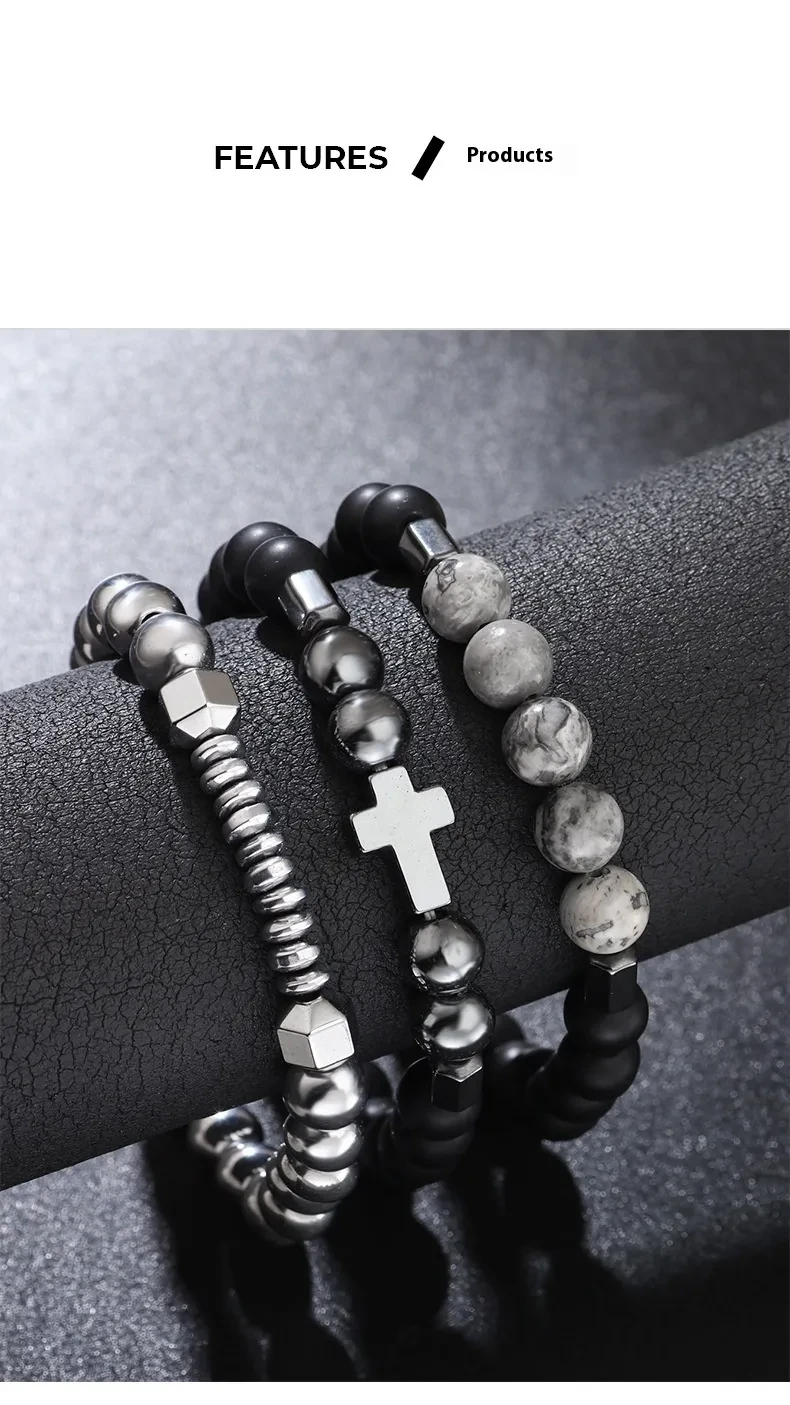 Bracelet UFO Cross Haematite Retro Bracelet Map Stone Elastic String Bracelet
