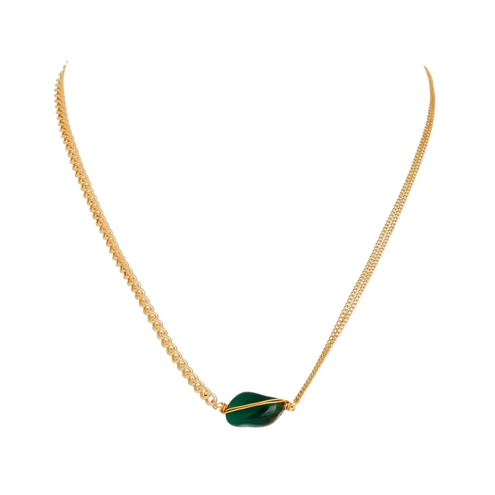 Niche Design Double Chain Green Special-shaped Natural Stone Handmade Necklace