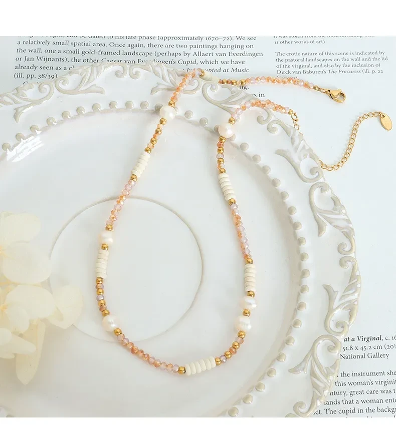 Titanium Colorful Ball Chain Natural Freshwater Pearl Glass Stone Necklace Wild Titanium Steel Bead String Jewelry