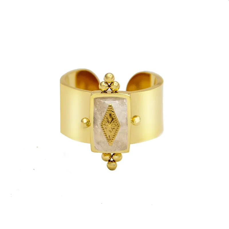 Retro Design Sense Of Star Ring Trend Fashion Golden Natural Stone Geometric Titanium Steel Ring