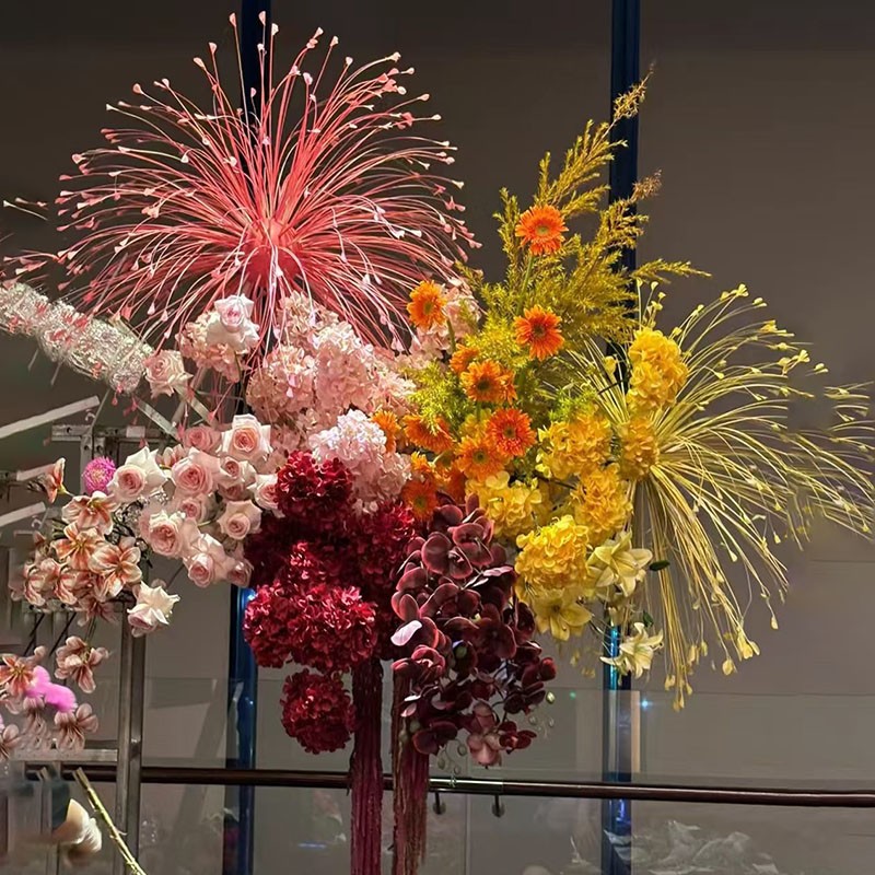 7Pcs Artificial Glitter Peacock Flower Arrangement with Reed Leaves & Onion Grass