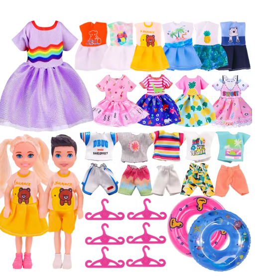 36PCS 6Inch Kelly Doll Clothes Set Include 5PCS Girl Dress,5PCS Boy Tops Pants,2Pairs Shoes,2x Doll,20x Hangers,2x Swimming Ring