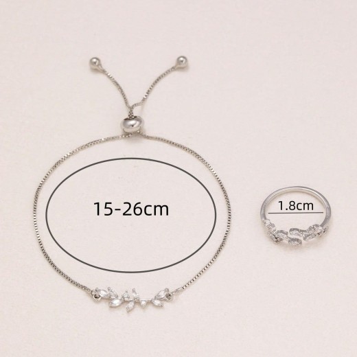 2pcs Fashion Silver Horse Eye Crystal Zircon Leaf Bracelet And Ring,Pulling Bracelet Suitable For Women's Daily Holiday Outfits