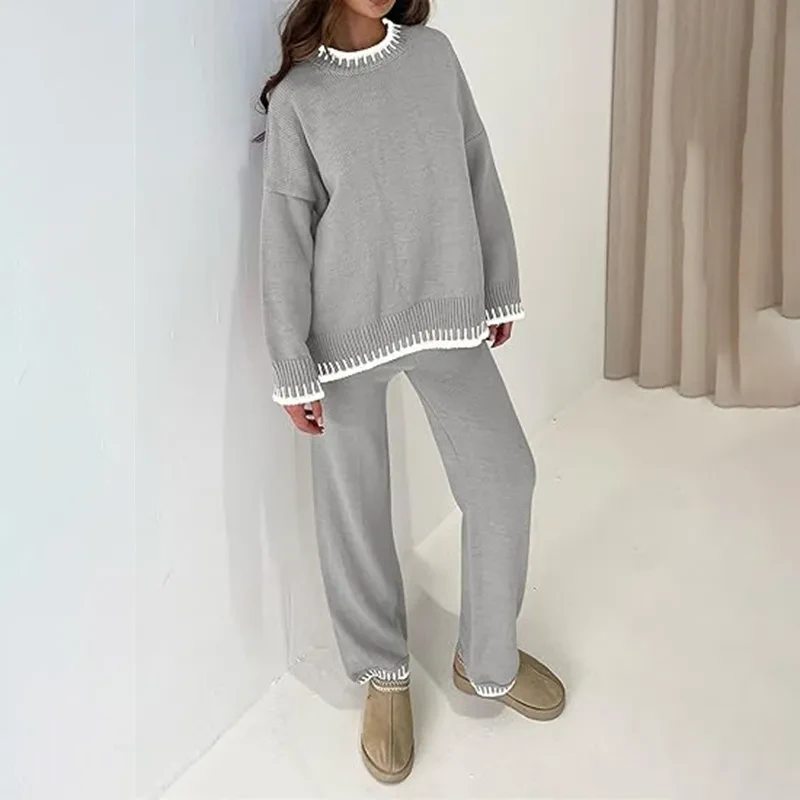 Sweater Knit Casual Long Sleeve Pullover Wide Leg Pants Suit