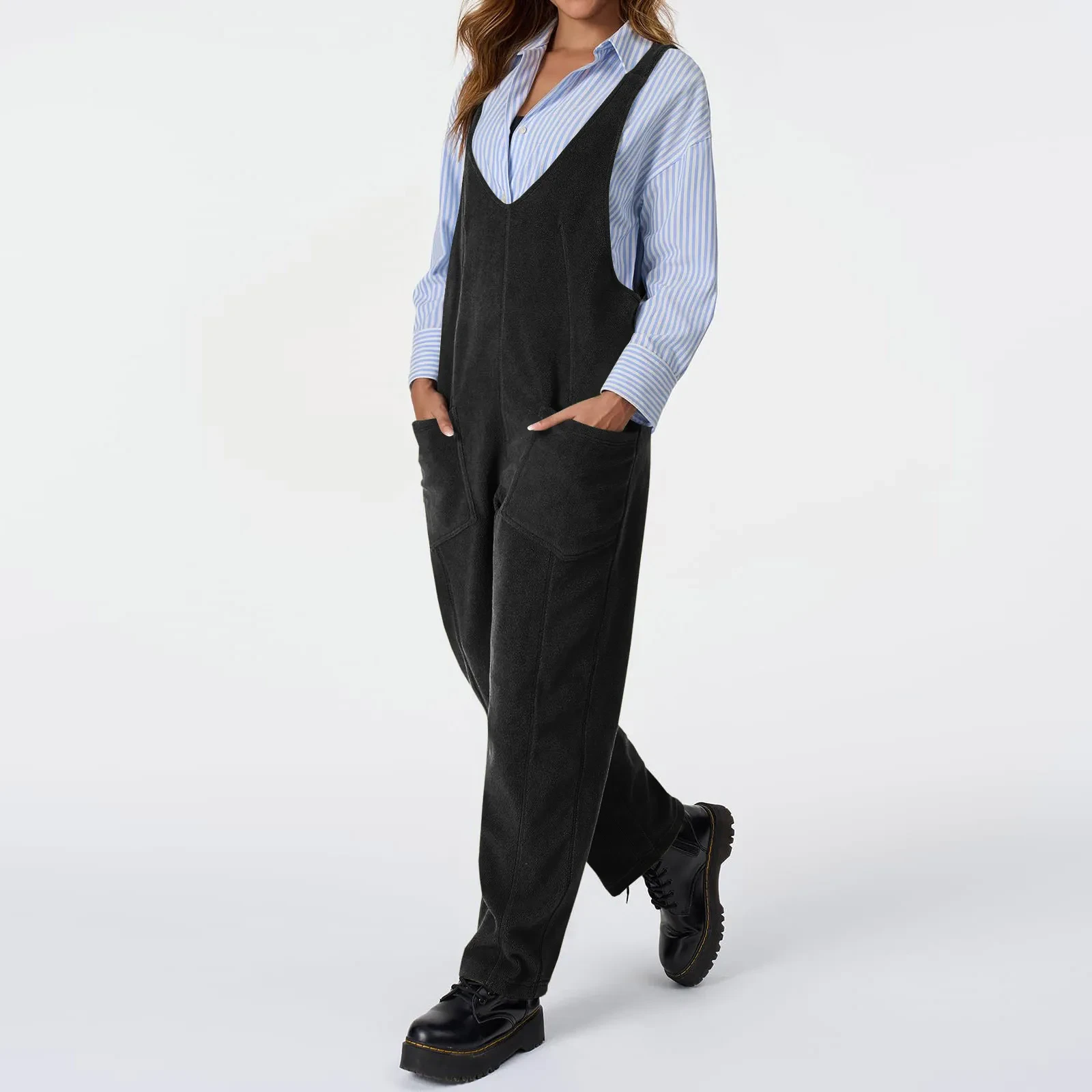 Casual Suspender Trousers Polar Fleece Tooling Style Jumpsuit