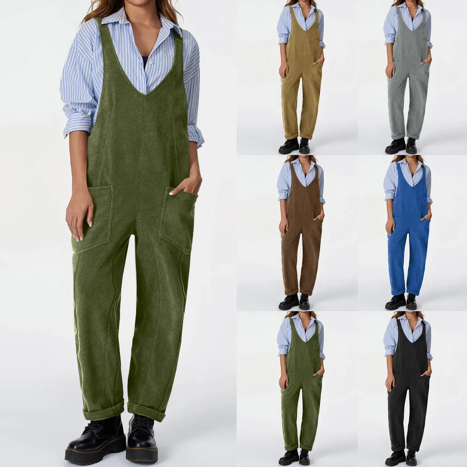 Casual Suspender Trousers Polar Fleece Tooling Style Jumpsuit