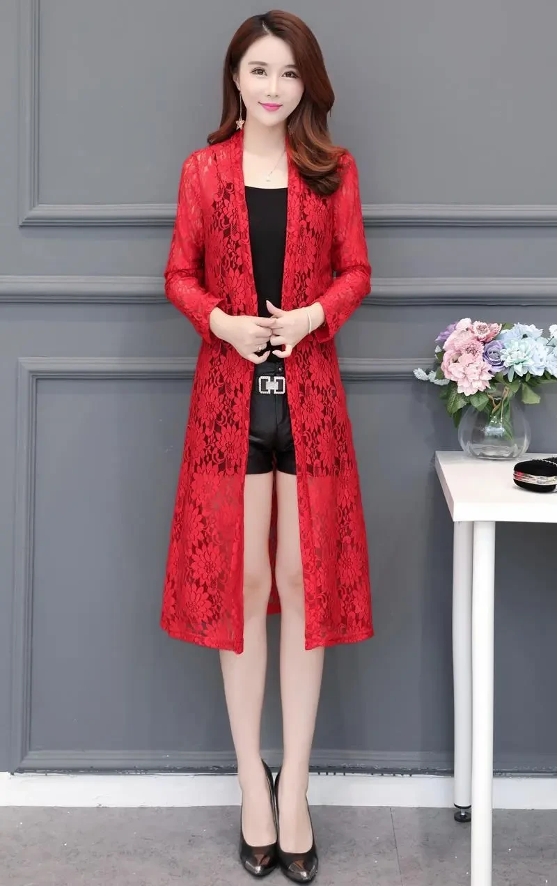 Lace Cardigan Mid-length Mesh Shawl Outer Match Loose Overknee Sun Protection Clothing Women's Coat