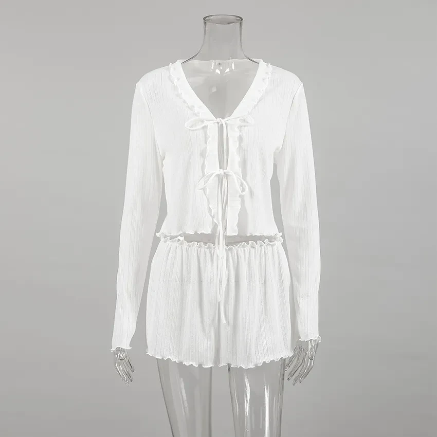 White Hollow-out Jacquard Pajamas Suit Cardigan Long Sleeve Shorts Homewear
