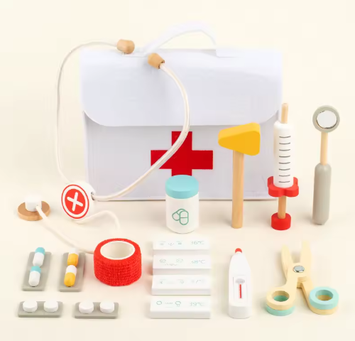 Wooden Pretend Play Doctor Educational Toy Simulation Medical Tool Medical Storage Bag Nurse Accessories Set Toy Gift for Kid