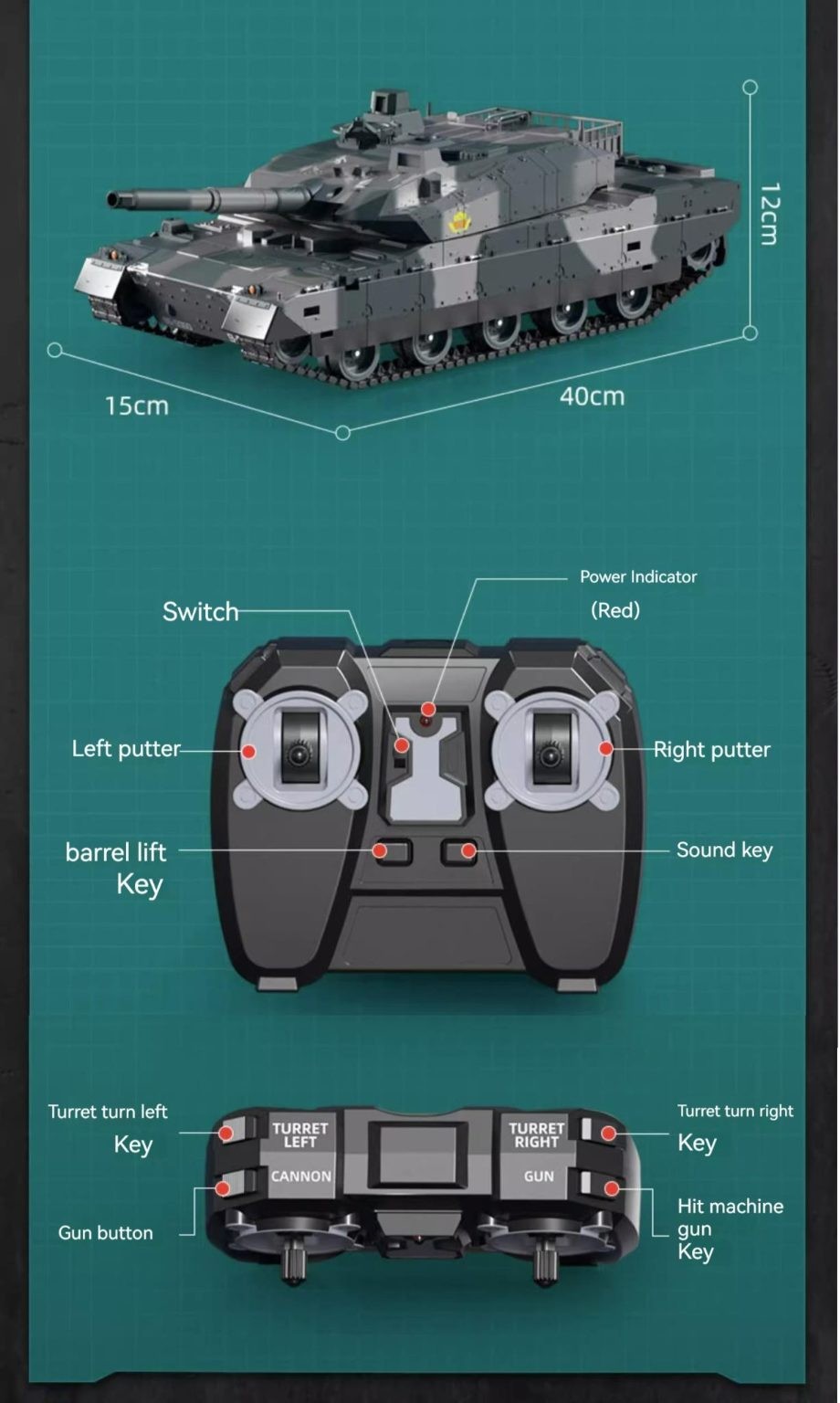 Tank, RC Tank, Remote Control Tank.12 CH, Army Green.